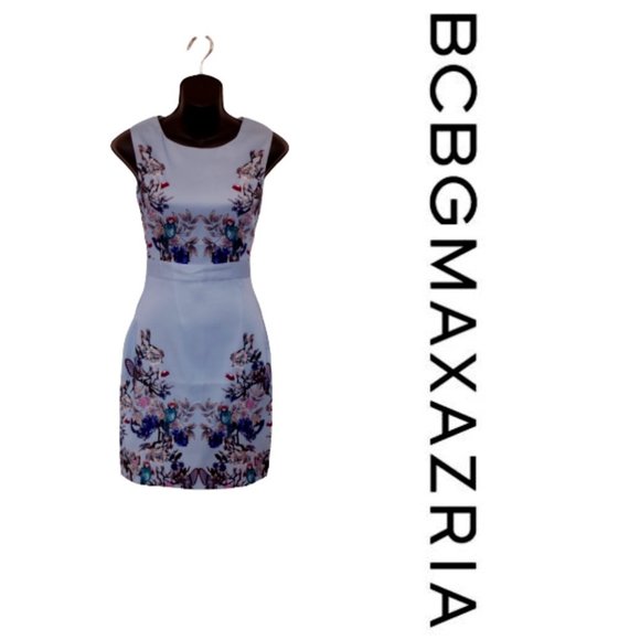 BCBG Parrot & Floral Graphic Print Satin Sheath Dress- Sz 2 - Picture 2 of 8